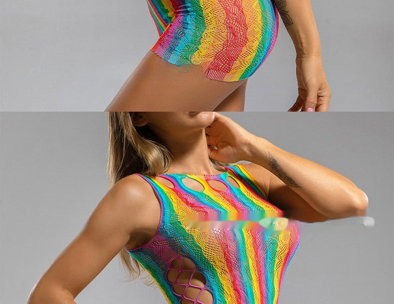 Sexy Stockings Sexy Rainbow Color Short Skirt Large Mesh Hollow Out