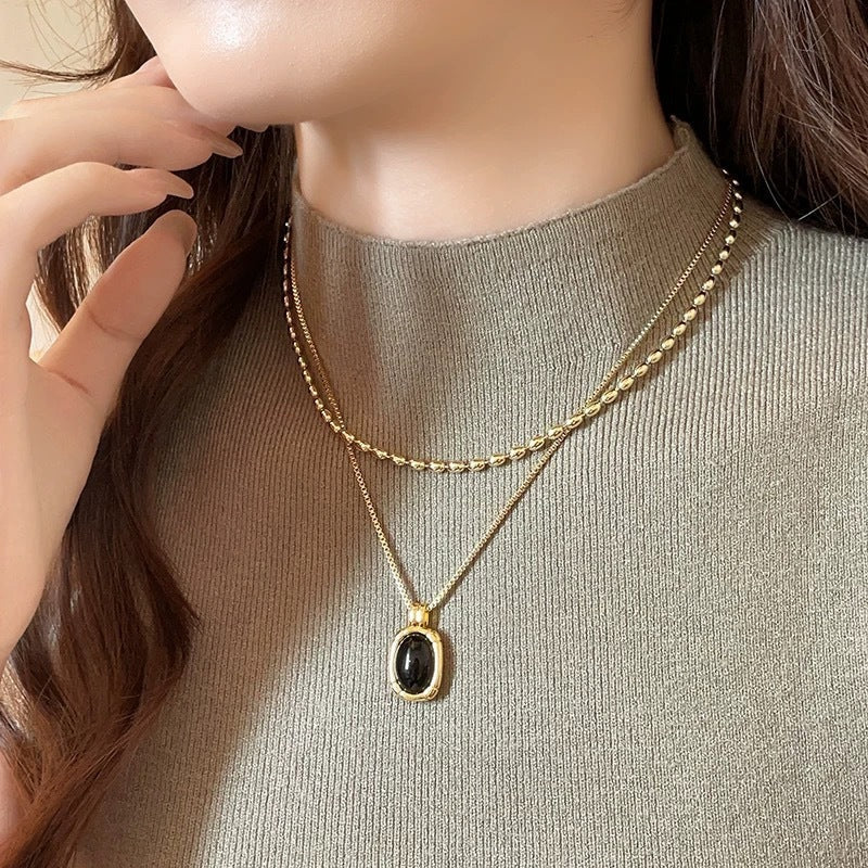 Double-layer Elegant Twin Metal Black Bead Necklace