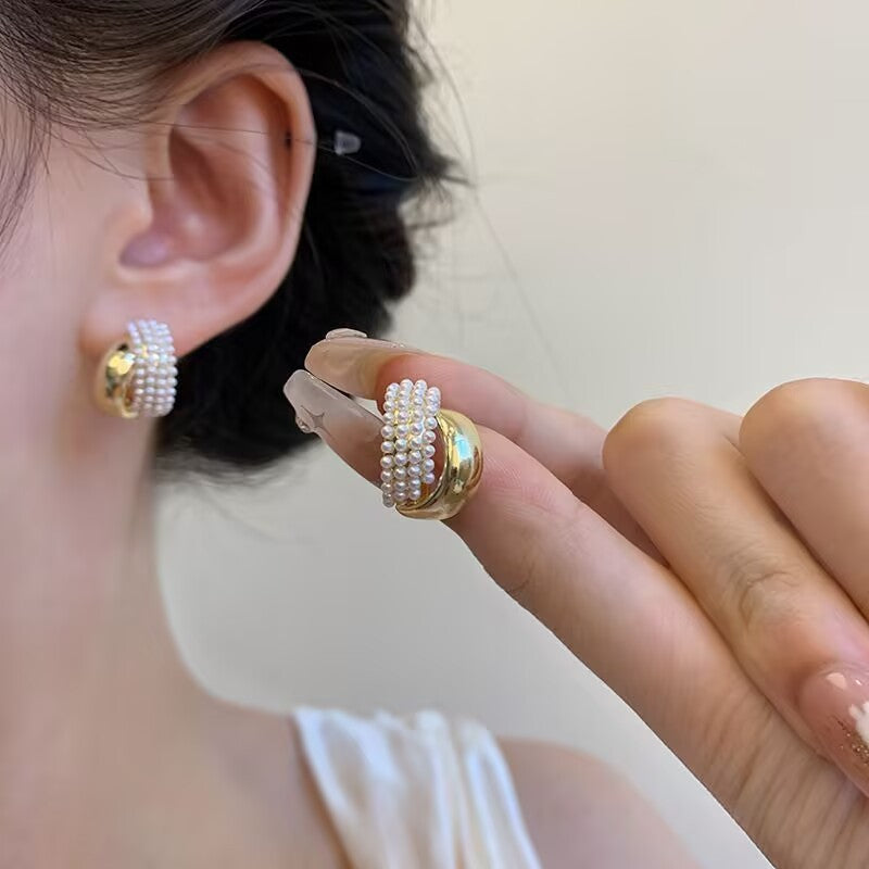 French Retro High-grade Pearl Metal Stud Earrings For Women