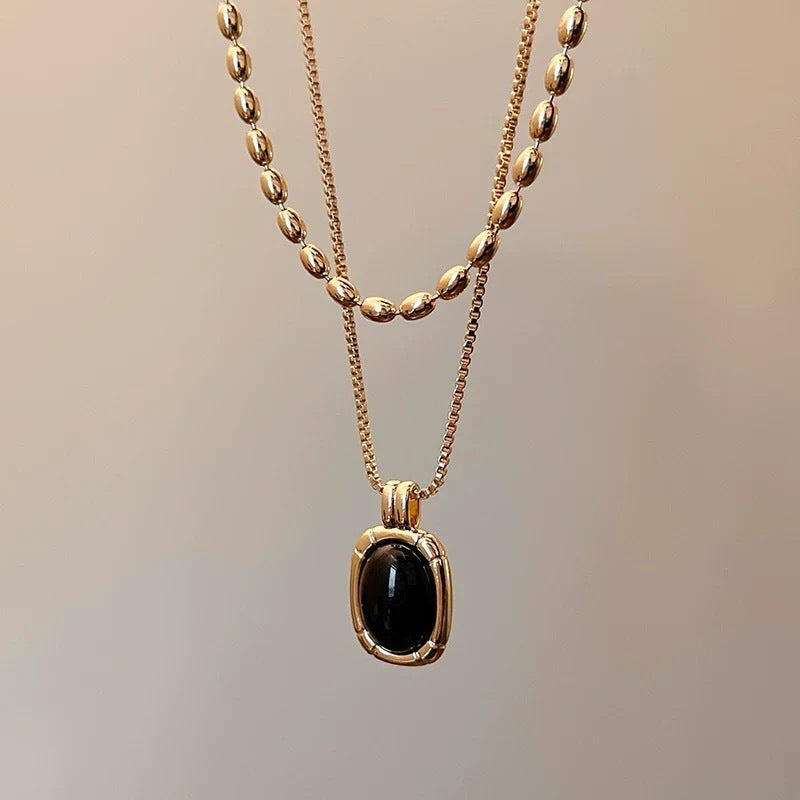 Double-layer Elegant Twin Metal Black Bead Necklace