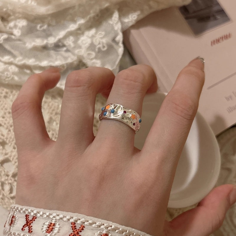 Colorful Oil Necklace Pleated Texture Open Ring