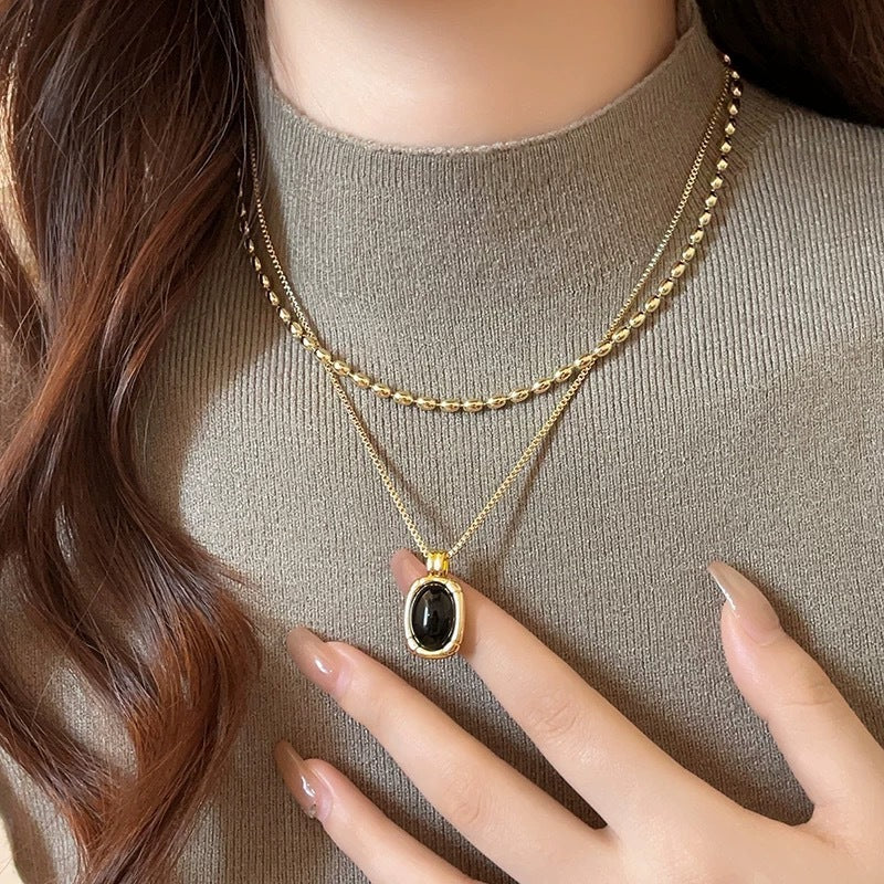 Double-layer Elegant Twin Metal Black Bead Necklace